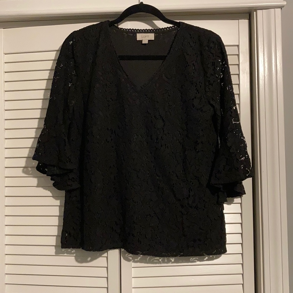 Like New Black Lace Loft Outlet Bell Sleeved Top